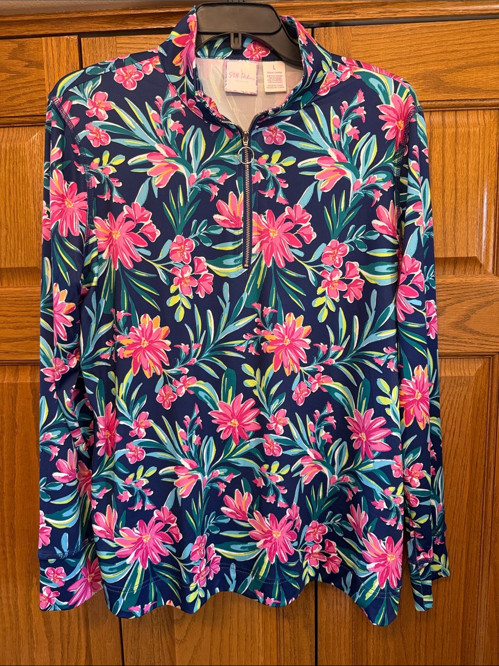 Stella Parker Navy Pink Floral Quarter-Zip Pullover- Large
